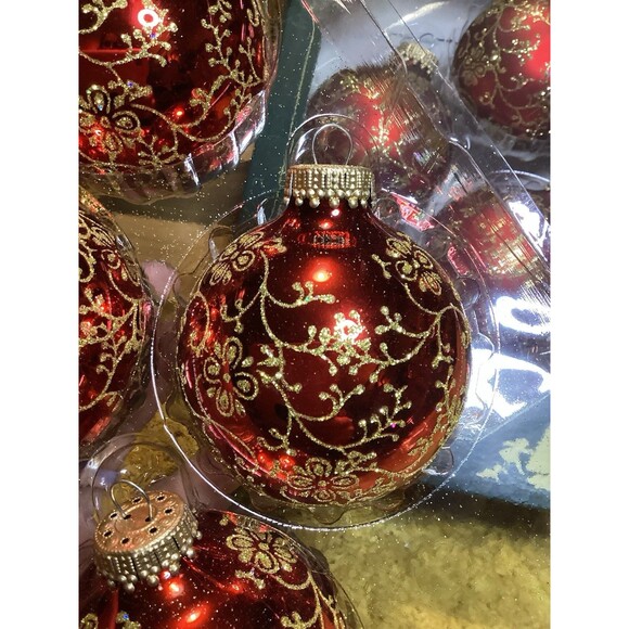 Krebs Glass Christmas Ornaments Red /Velvet Balls With Floral Glitterlace 8 - Picture 2 of 9
